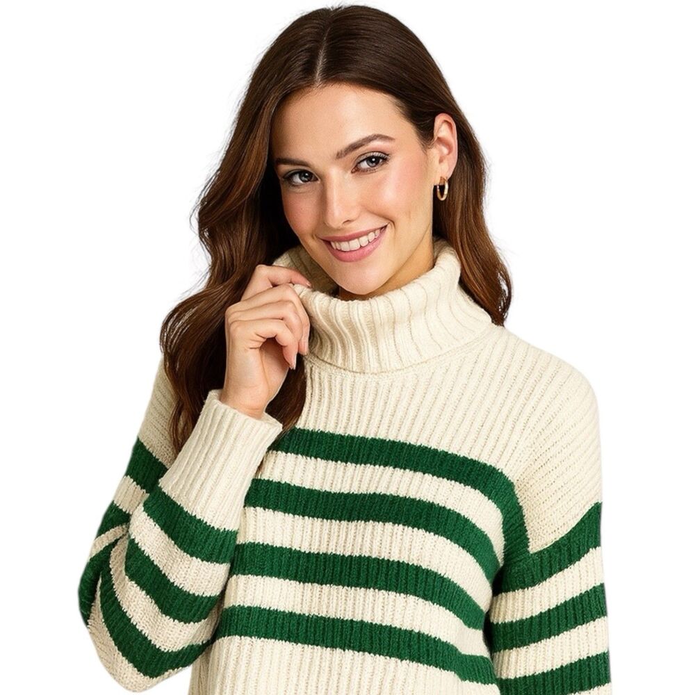 Madewell Ivory Green Striped‎ Ribbed Turtleneck Sweater Womens M Preppy